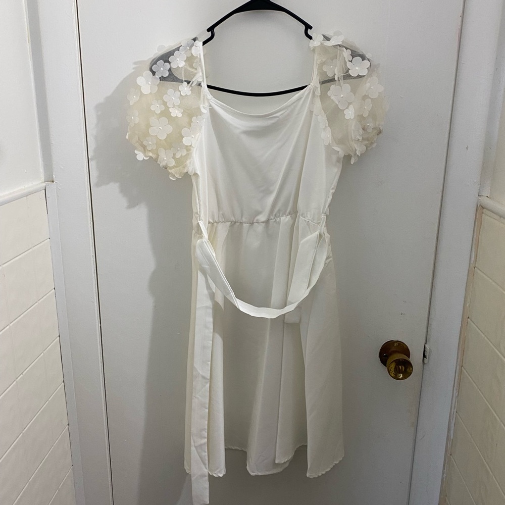 Shein Girls White 3D Floral Puff Sleeve Dress Special Occasion Size 11-12